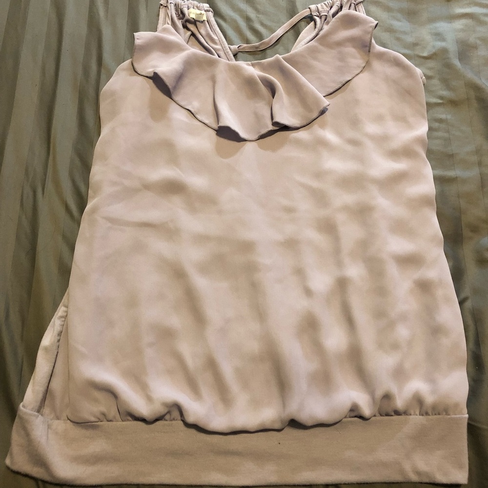 Lavender ruffle v neck tie in back tank top
